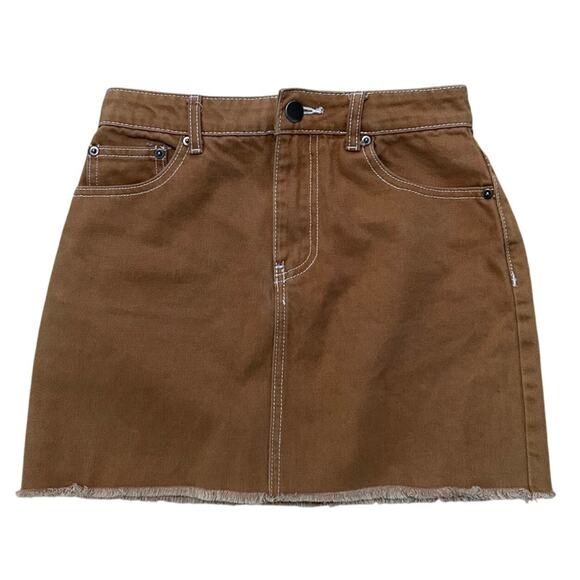 Forever 21 Denim Mini Skirt Size Small Tan Brown Raw Hem Cotton Western Boho - Picture 1 of 4